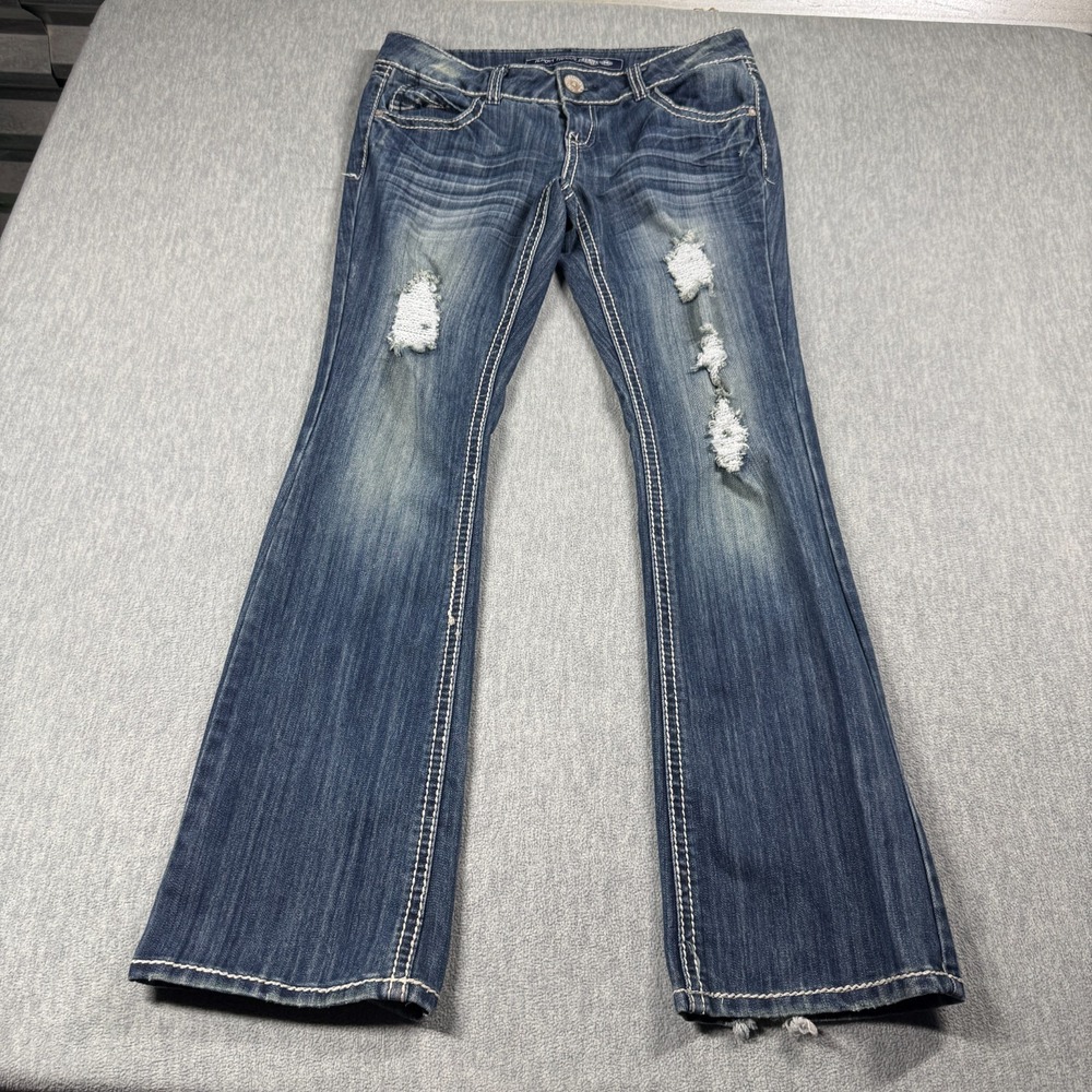 Almost Famous Jeans Womens 11 Blue Denim Ripped Distressed Flared Bootcut Stretc